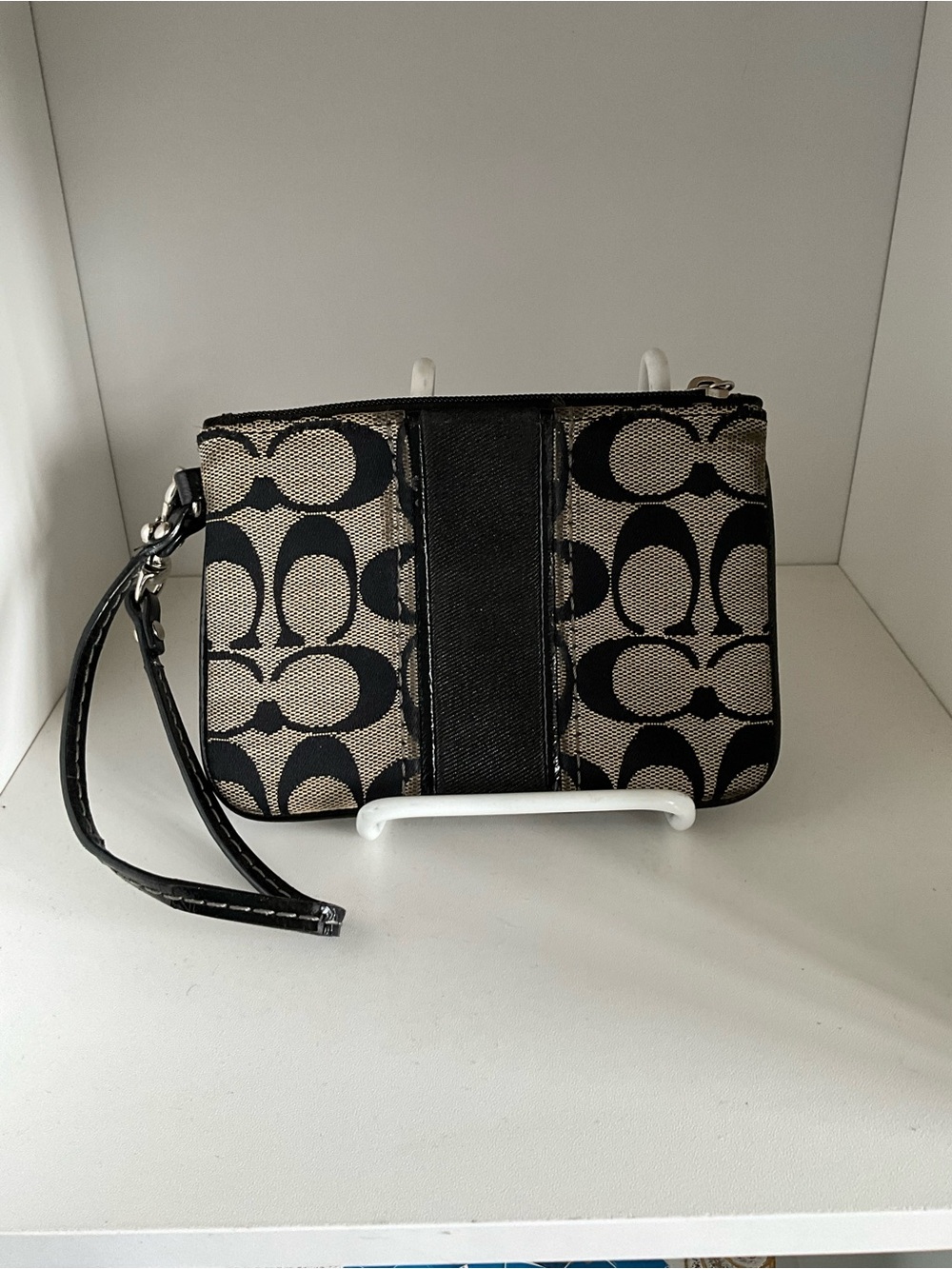Coach Signature Canvas Wristlet in Black and Tan